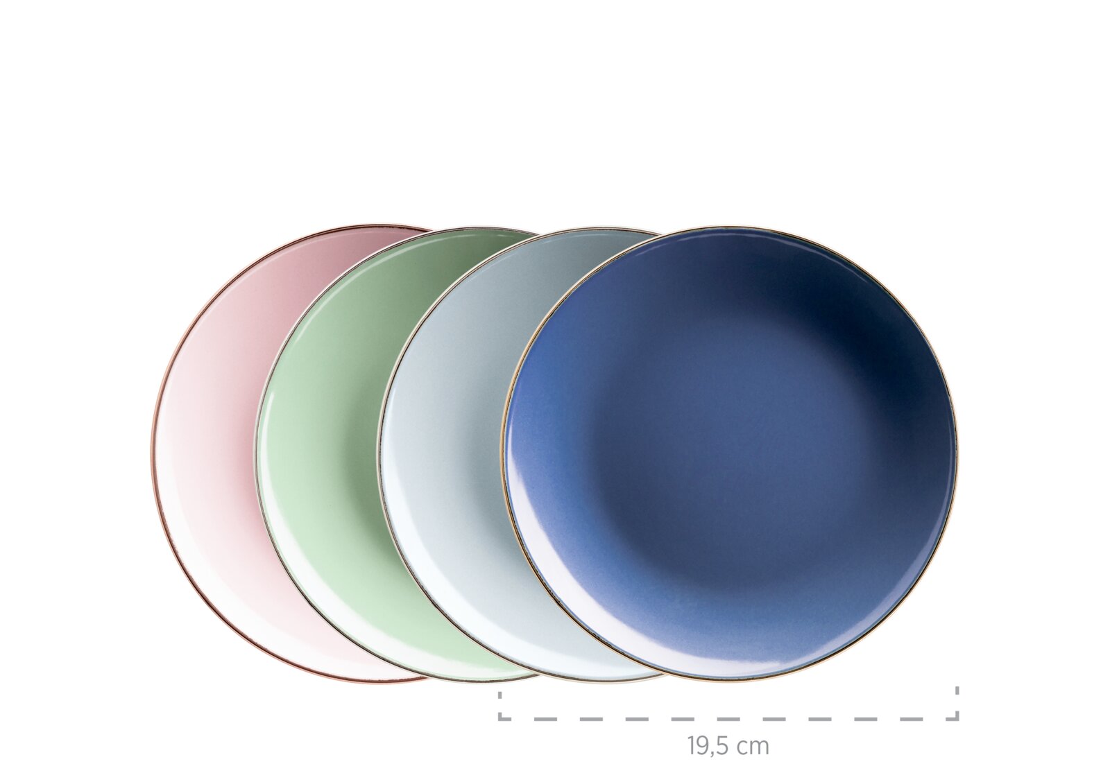 Vier runde Teller/Platten in Pastellfarben (Rosa, Grün, Hellblau, Dunkelblau) mit feinem Goldrand, überlappend auf weißem Hintergrund, Draufsicht von oben; Durchmesser ca. 19,5 cm.