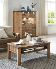 Rustikaler Couchtisch aus Holz in einem gemütlichen Wohnzimmer, frontal von vorne fotografiert, mit Büchern und einer Vase dekoriert.