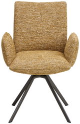 Frontansicht eines modernen Armlehnstuhls mit gelbem Stoffbezug und schwarzen Metallbeinen.