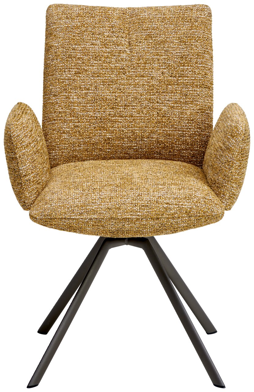 Vooraanzicht van een moderne fauteuil met gele stoffen bekleding en zwarte metalen poten.