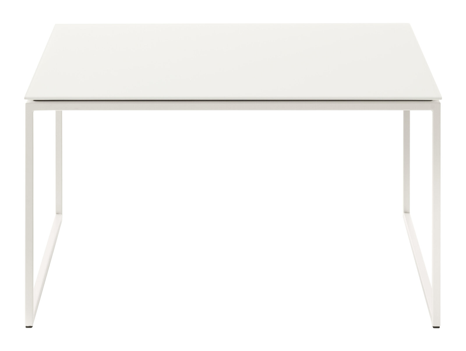 Moderner weißer Couchtisch mit minimalistischem Design, frontal betrachtet.