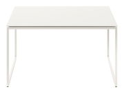 Moderner weißer Couchtisch mit minimalistischem Design, frontal betrachtet.