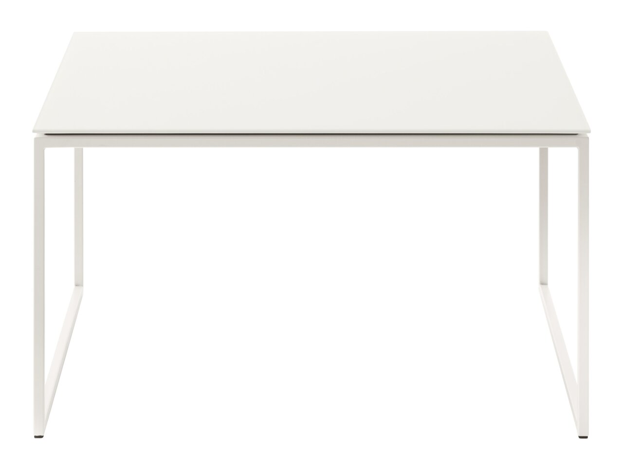 Moderner weißer Couchtisch mit minimalistischem Design, frontal betrachtet.