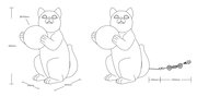 Skizze einer Tischleuchte in Form einer sitzenden Katze, die eine Kugel hält, mit Maßen und Kabelansicht von der Seite.