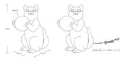 Skizze einer Tischleuchte in Form einer sitzenden Katze, die eine Kugel hält, mit Maßen und Kabelansicht von der Seite.
