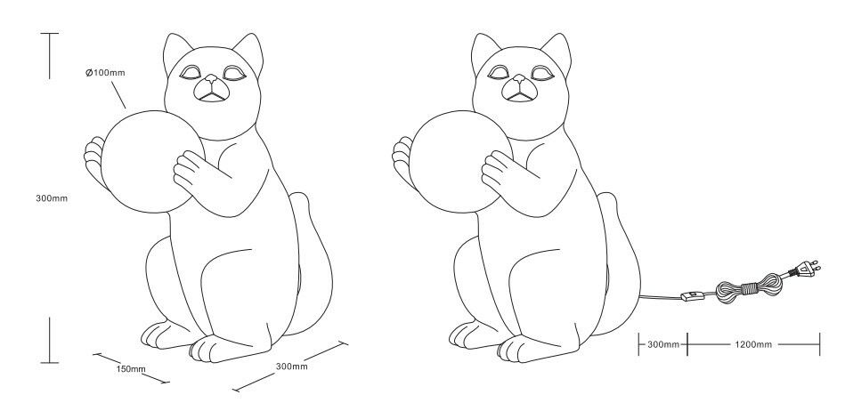 Skizze einer Tischleuchte in Form einer sitzenden Katze, die eine Kugel hält, mit Maßen und Kabelansicht von der Seite.