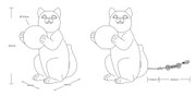 Skizze einer Tischleuchte in Form einer sitzenden Katze, die eine Kugel hält, mit Maßen und Kabelansicht von der Seite.