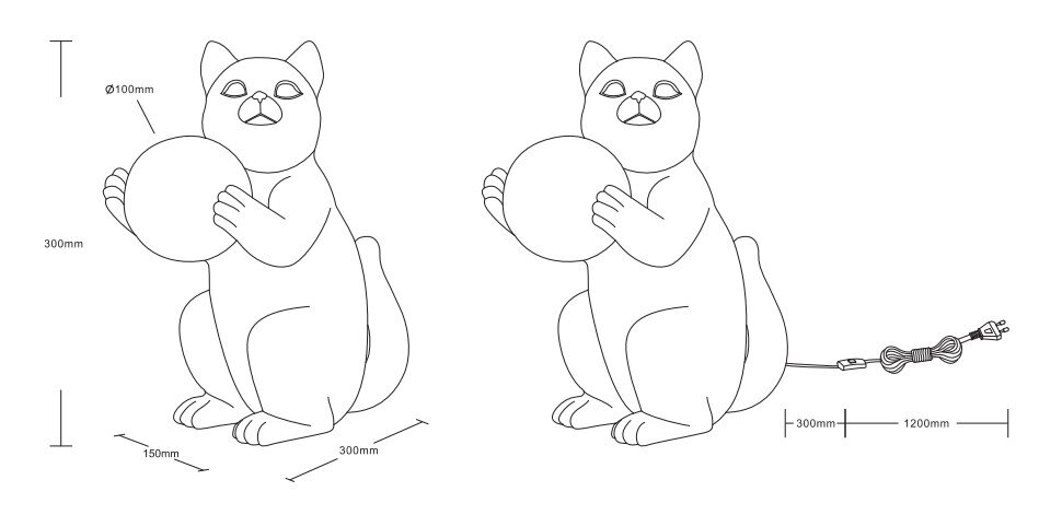 Skizze einer Tischleuchte in Form einer sitzenden Katze, die eine Kugel hält, mit Maßen und Kabelansicht von der Seite.
