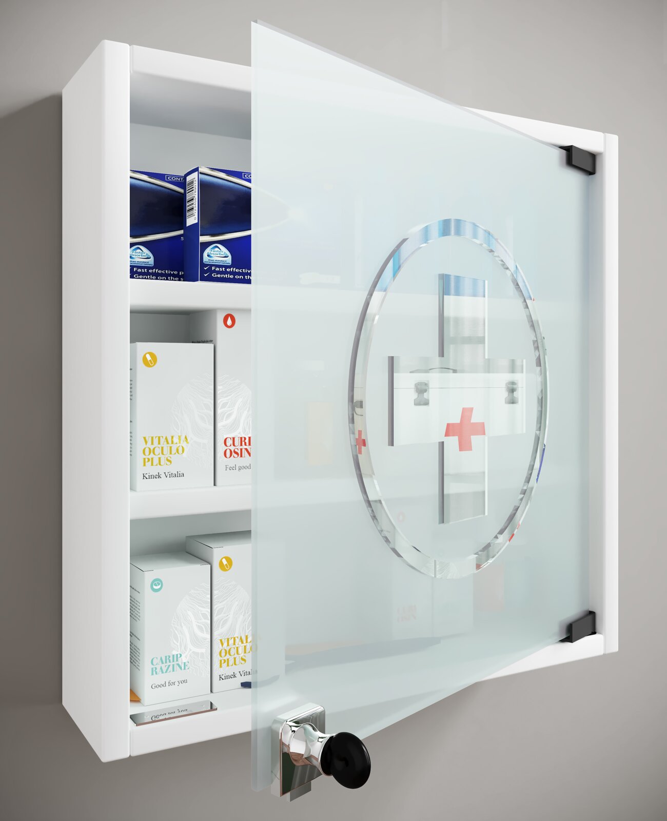 Weißer Medizinschrank/Apothekenschrank mit halb geöffneter Milchglas-Tür, rundem Kreuz-Emblem und schwarzem Drehknopf Innenfächer mit Medikamentenschachteln sichtbar, Perspektive: leicht schräg von vorn rechts.