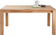 Holzesstisch mit rechteckiger Tischplatte, frontal fotografiert, mit Kaffeetasse und Kanne als Dekoration.