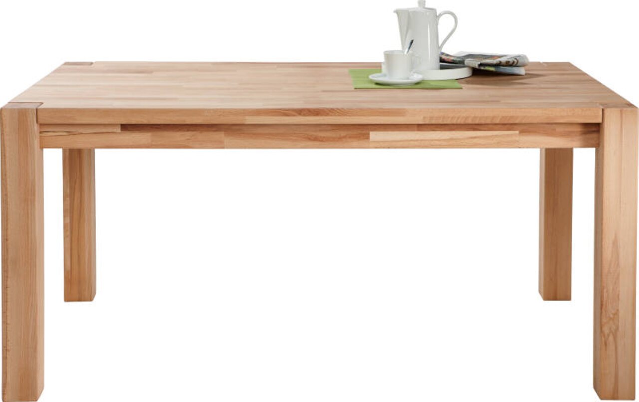 Linea Natura Esstisch LEIBNITZ Holzesstisch mit rechteckiger Tischplatte, frontal fotografiert, mit Kaffeetasse und Kanne als Dekoration.
