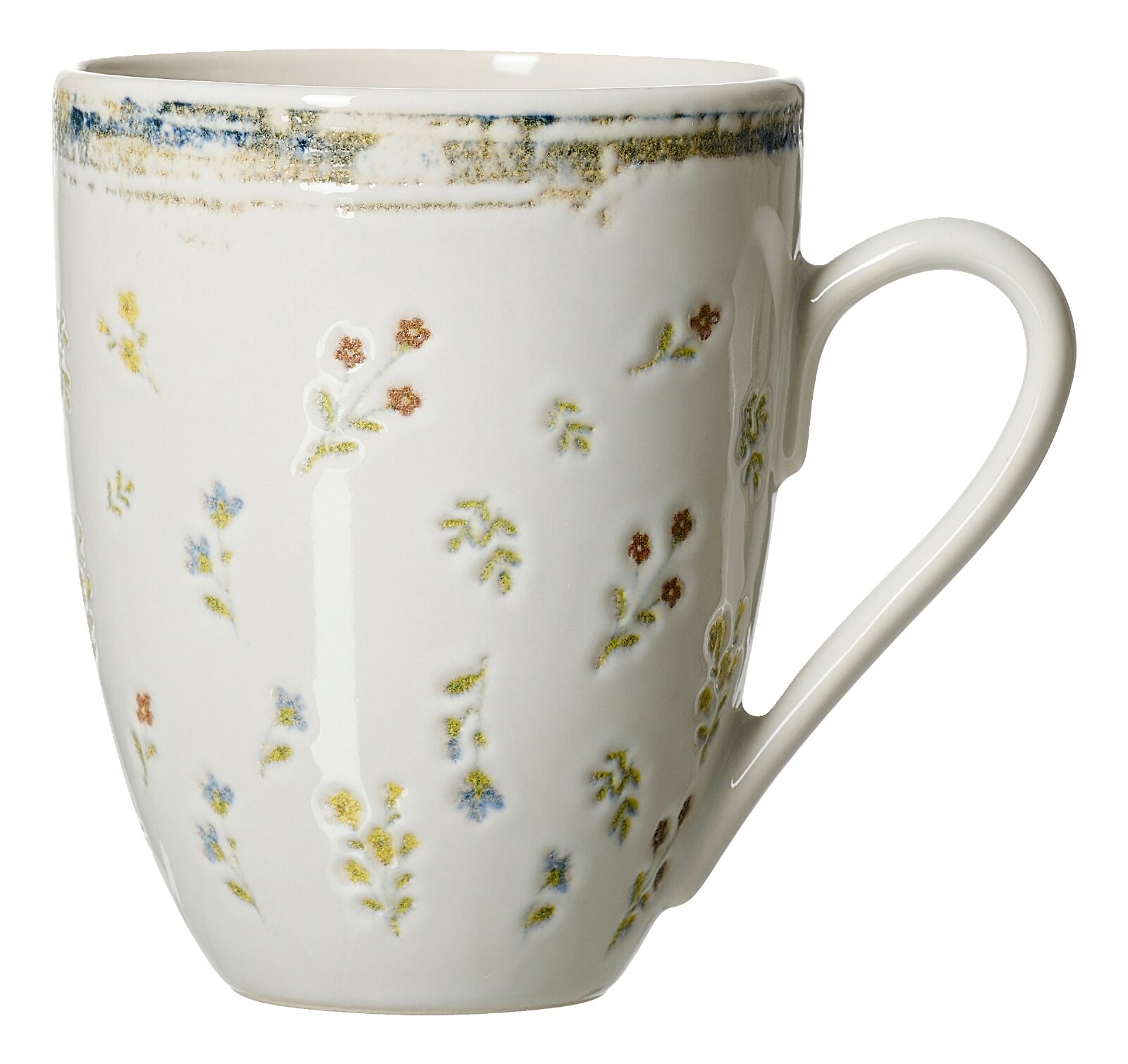 Ritzenhoff & Breker Kaffeebecher VIOLA Cremeweiße Keramiktasse mit zartem, mehrfarbigem Blumenmuster und dekorativem Rand, in leichter Vorderansicht mit Henkel rechts