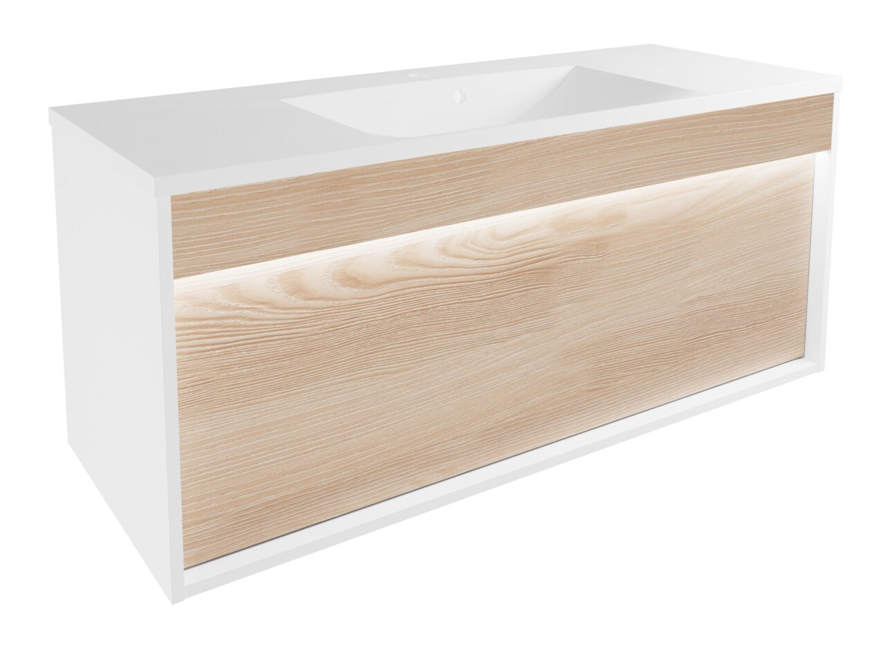 Voleo Waschplatz FREYA Moderner Waschplatz mit weißem Korpus und Holzfront, seitliche Perspektive