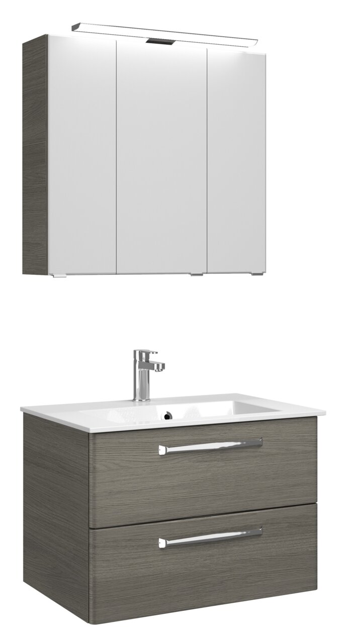 Moderner Badblock mit Spiegelschrank und Waschbecken, Frontansicht