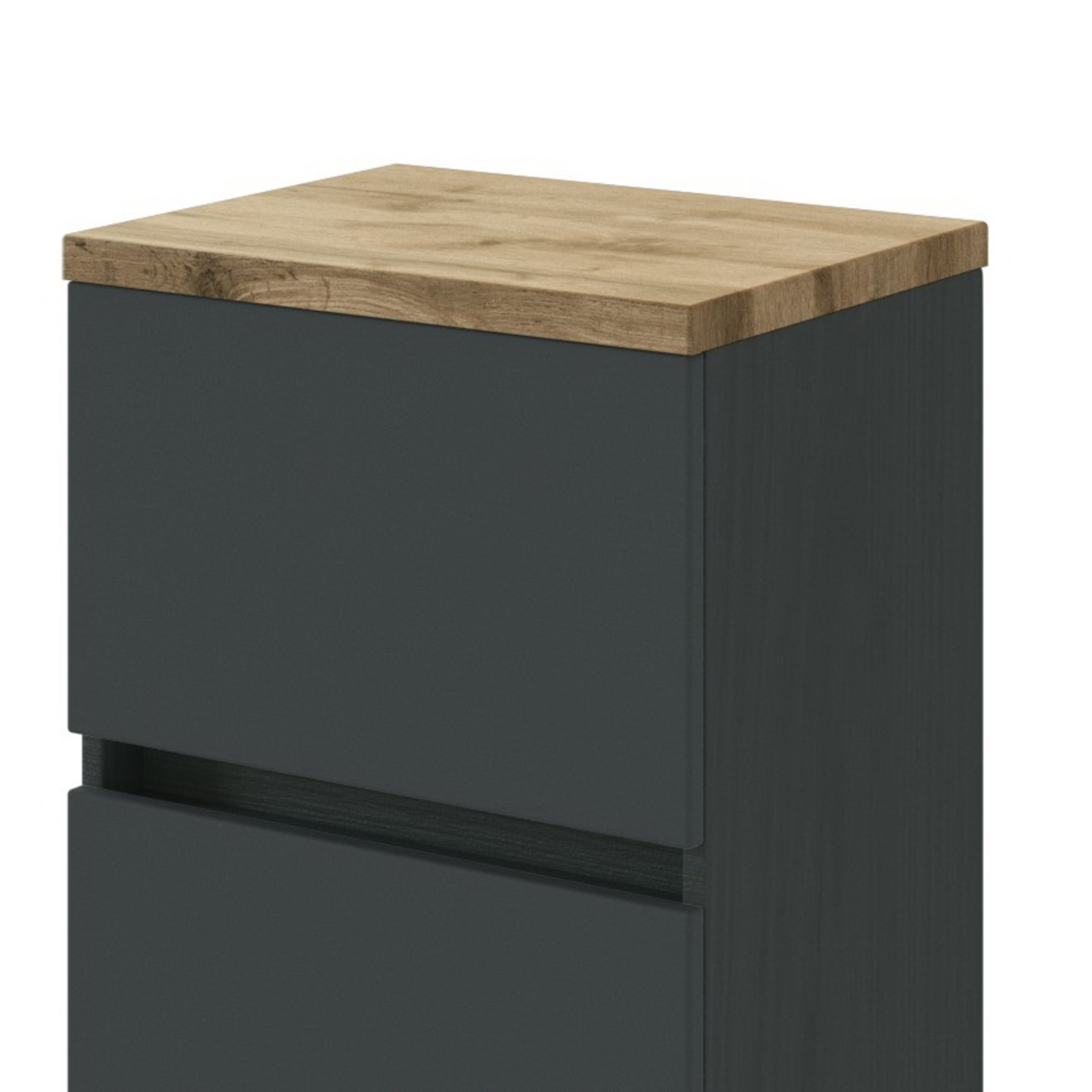 Moderner Unterschrank mit dunkler Front und heller Holzplatte, seitliche Perspektive