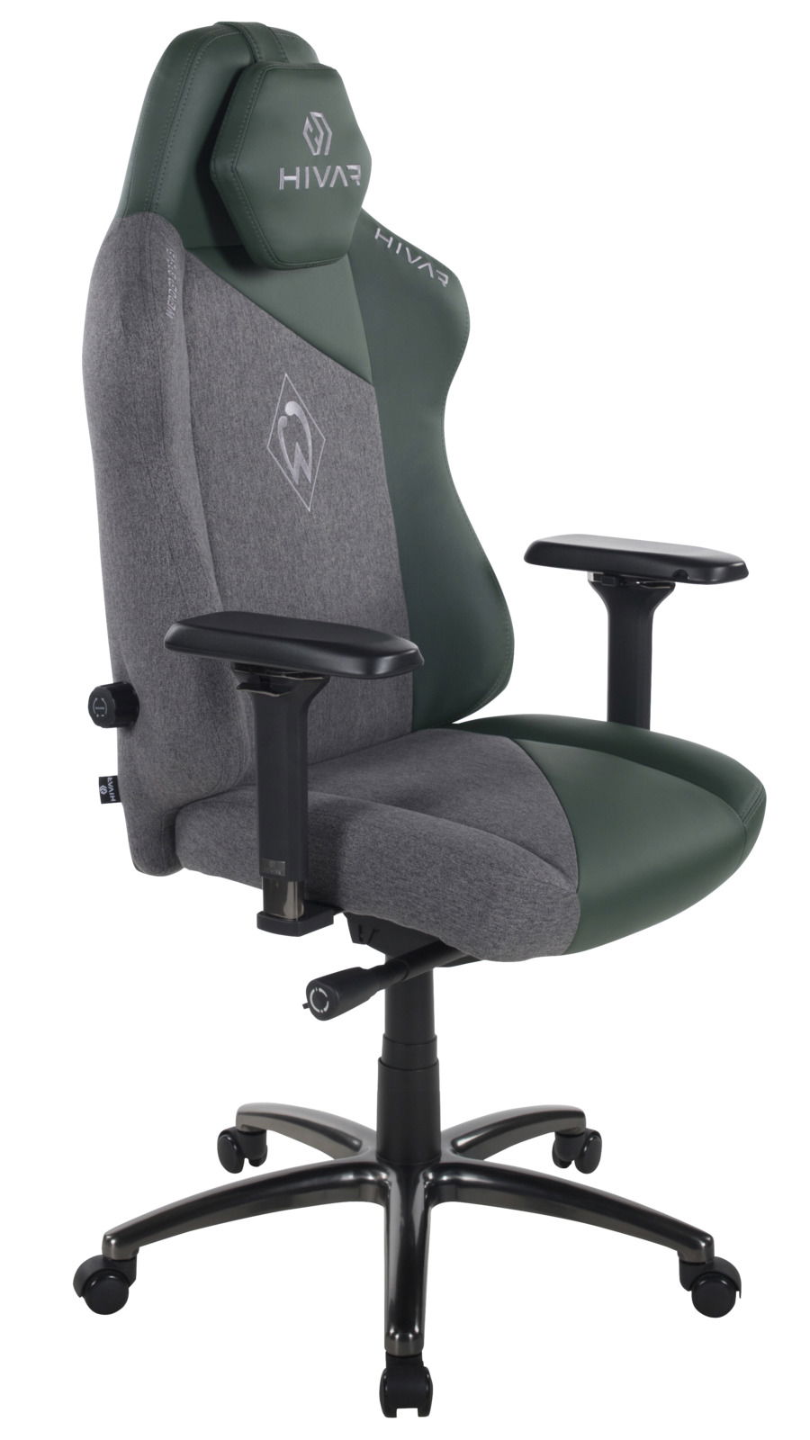 Gaming Stuhl in seitlicher Perspektive mit grauem und grünem Bezug, verstellbaren Armlehnen und stabiler Basis auf Rollen.