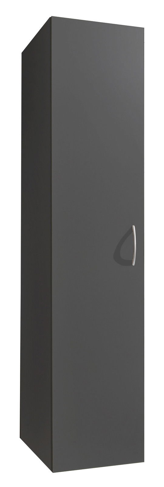 Grauer Mehrzweckschrank mit silbernem Griff, perspektivisch von vorne links fotografiert.