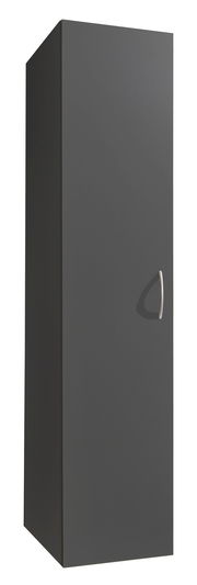 Grauer Mehrzweckschrank mit silbernem Griff, perspektivisch von vorne links fotografiert.