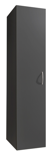 Grauer Mehrzweckschrank mit silbernem Griff, perspektivisch von vorne links fotografiert.