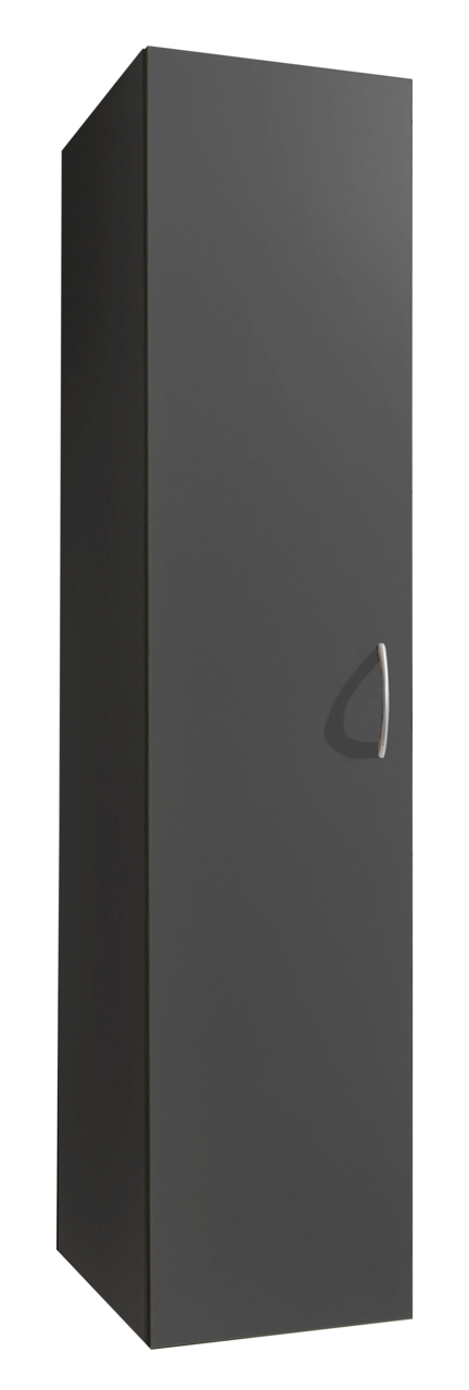 Grauer Mehrzweckschrank mit silbernem Griff, perspektivisch von vorne links fotografiert.