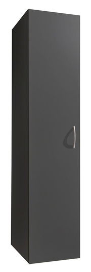 Grauer Mehrzweckschrank mit silbernem Griff, perspektivisch von vorne links fotografiert.