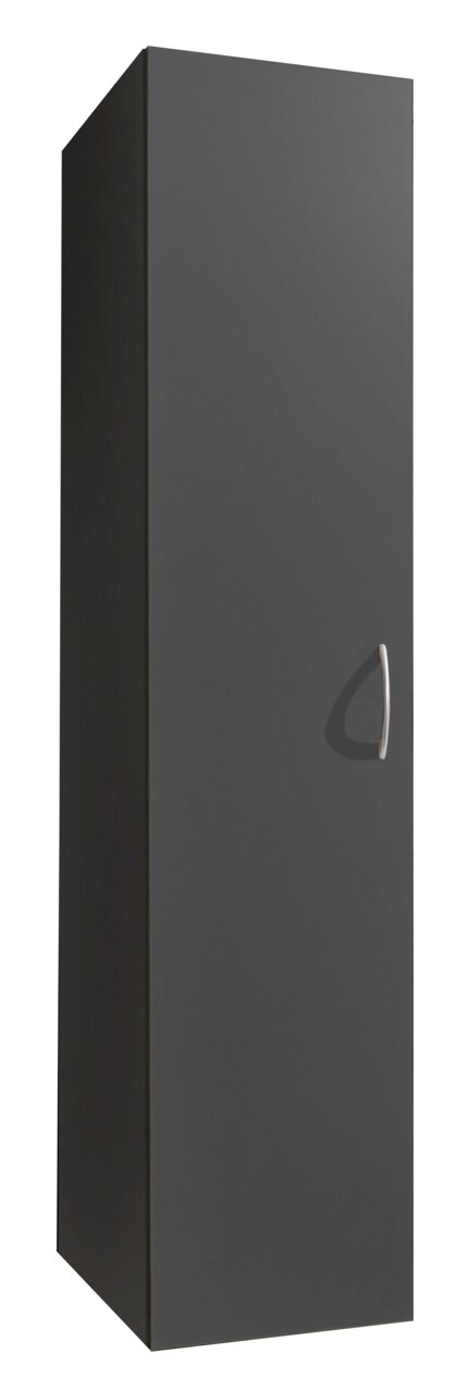 Grauer Mehrzweckschrank mit silbernem Griff, perspektivisch von vorne links fotografiert.