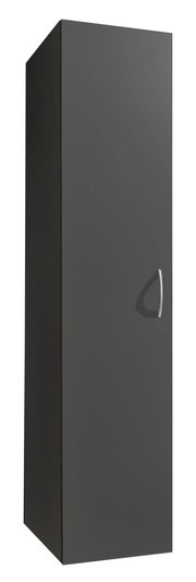 Grauer Mehrzweckschrank mit silbernem Griff, perspektivisch von vorne links fotografiert.