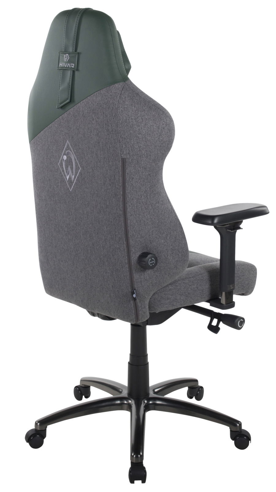 Rückansicht eines grauen Gaming-Stuhls mit grüner Kopfstütze und verstellbaren Armlehnen.