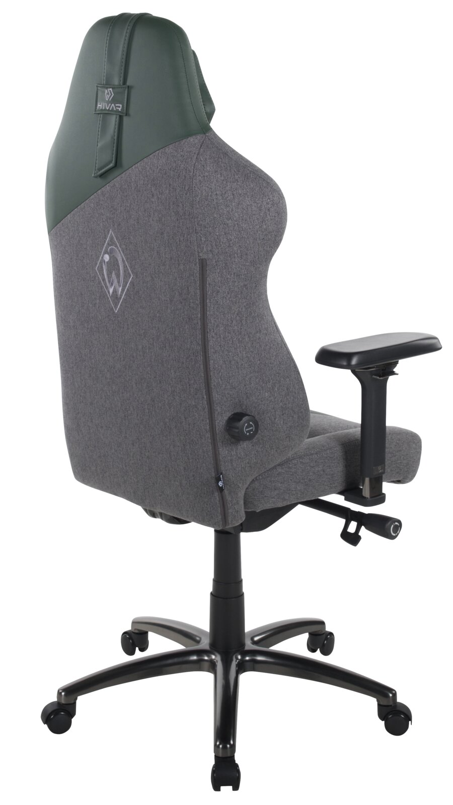 Rückansicht eines grauen Gaming-Stuhls mit grüner Kopfstütze und verstellbaren Armlehnen.