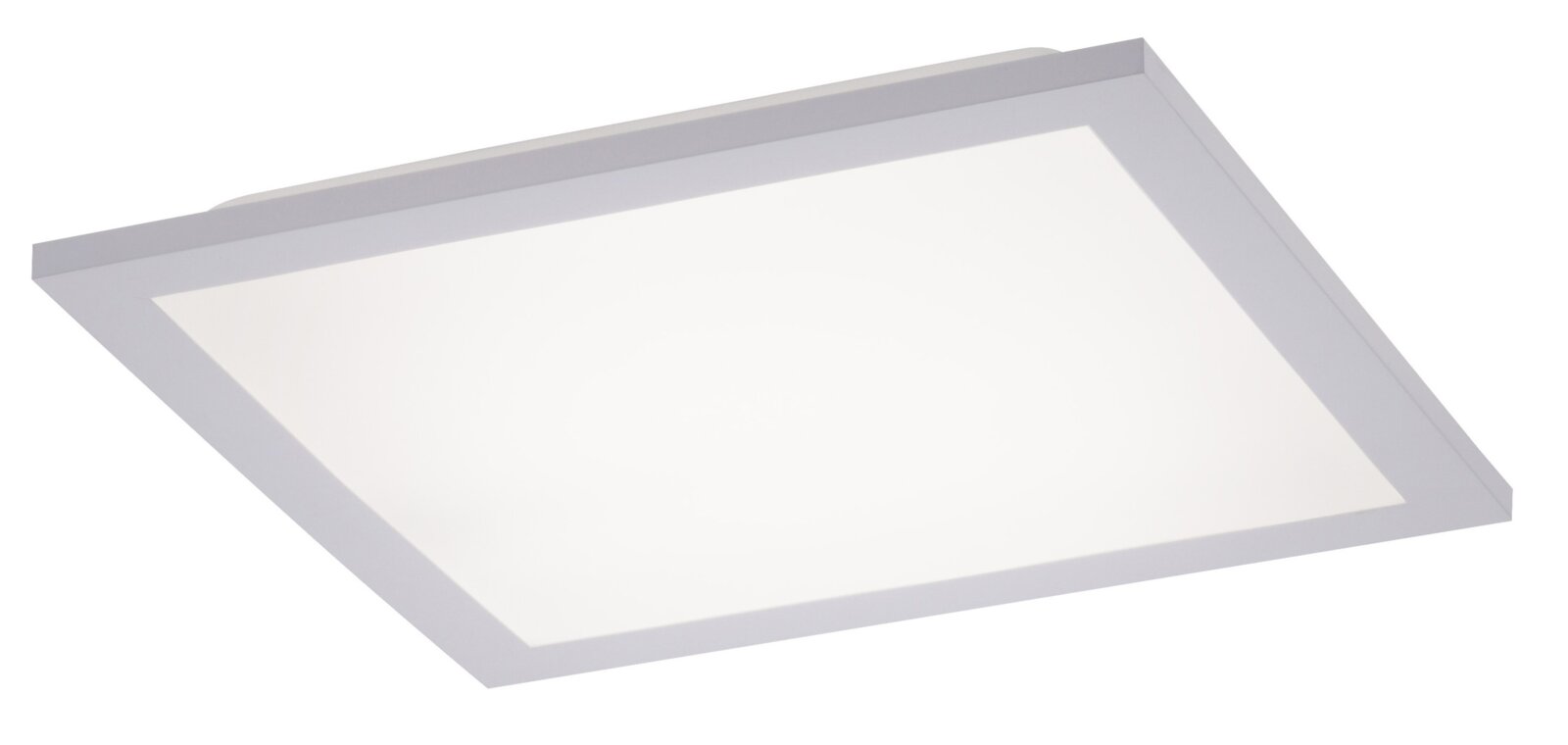 Flache, rechteckige LED-Deckenleuchte/Panel in Weiß mit silbernem Rahmen, freigestellt auf weißem Hintergrund, in schräger Perspektive von unten/seitlich dargestellt