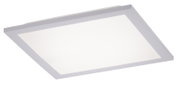 Flache, rechteckige LED-Deckenleuchte/Panel in Weiß mit silbernem Rahmen, freigestellt auf weißem Hintergrund, in schräger Perspektive von unten/seitlich dargestellt