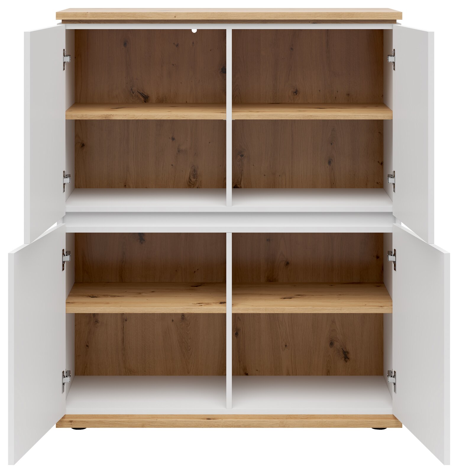 Highboard mit geöffneter Frontansicht, vier Türen und Holzeinlegeböden, weiße Außenseiten und Holzoptik innen.
