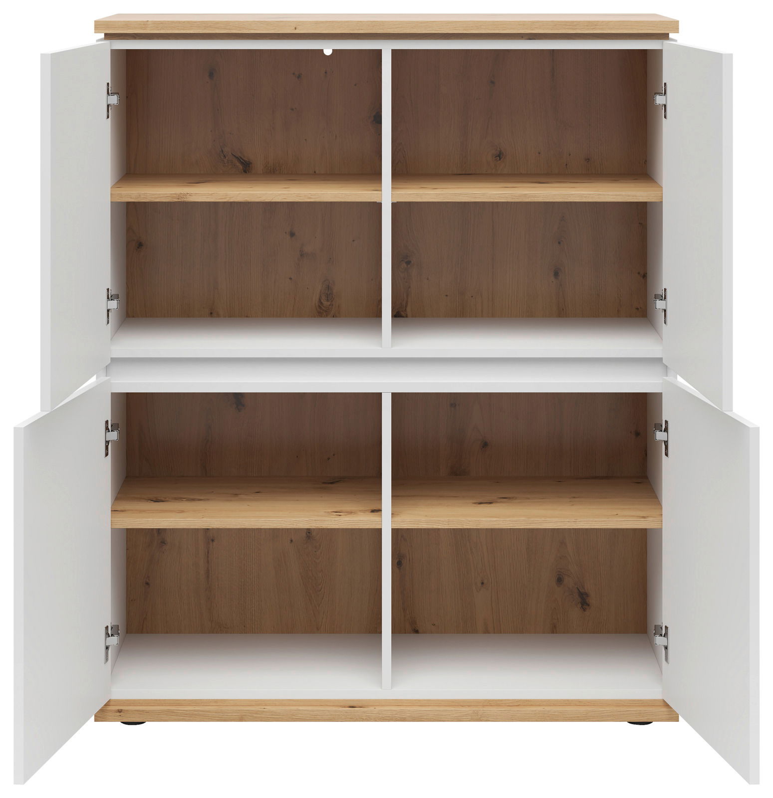 Highboard mit geöffneter Frontansicht, vier Türen und Holzeinlegeböden, weiße Außenseiten und Holzoptik innen.