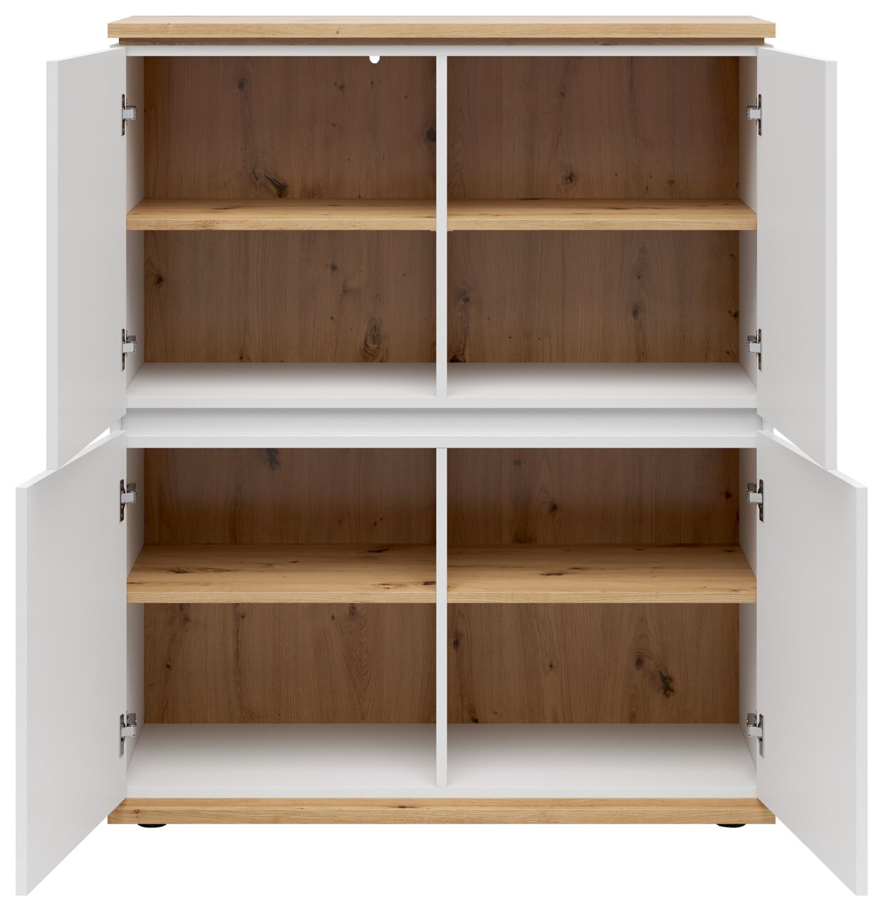 Highboard mit geöffneter Frontansicht, vier Türen und Holzeinlegeböden, weiße Außenseiten und Holzoptik innen.