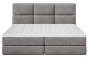 Frontale Ansicht eines grauen Boxspringbetts mit gepolstertem Kopfteil und weißer Matratze.