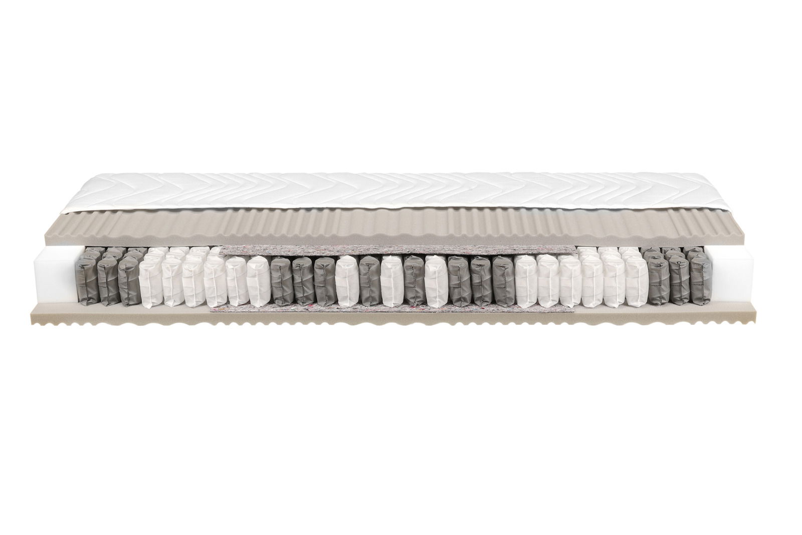 Querschnitt einer Taschenfederkernmatratze H4 mit sichtbaren Schichten und Federn, seitliche Perspektive