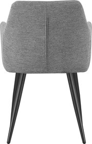 Rückansicht eines gepolsterten Stuhls mit grauem Stoffbezug, abgerundeter Rückenlehne und schwarzen, schräg stehenden Metallbeinen