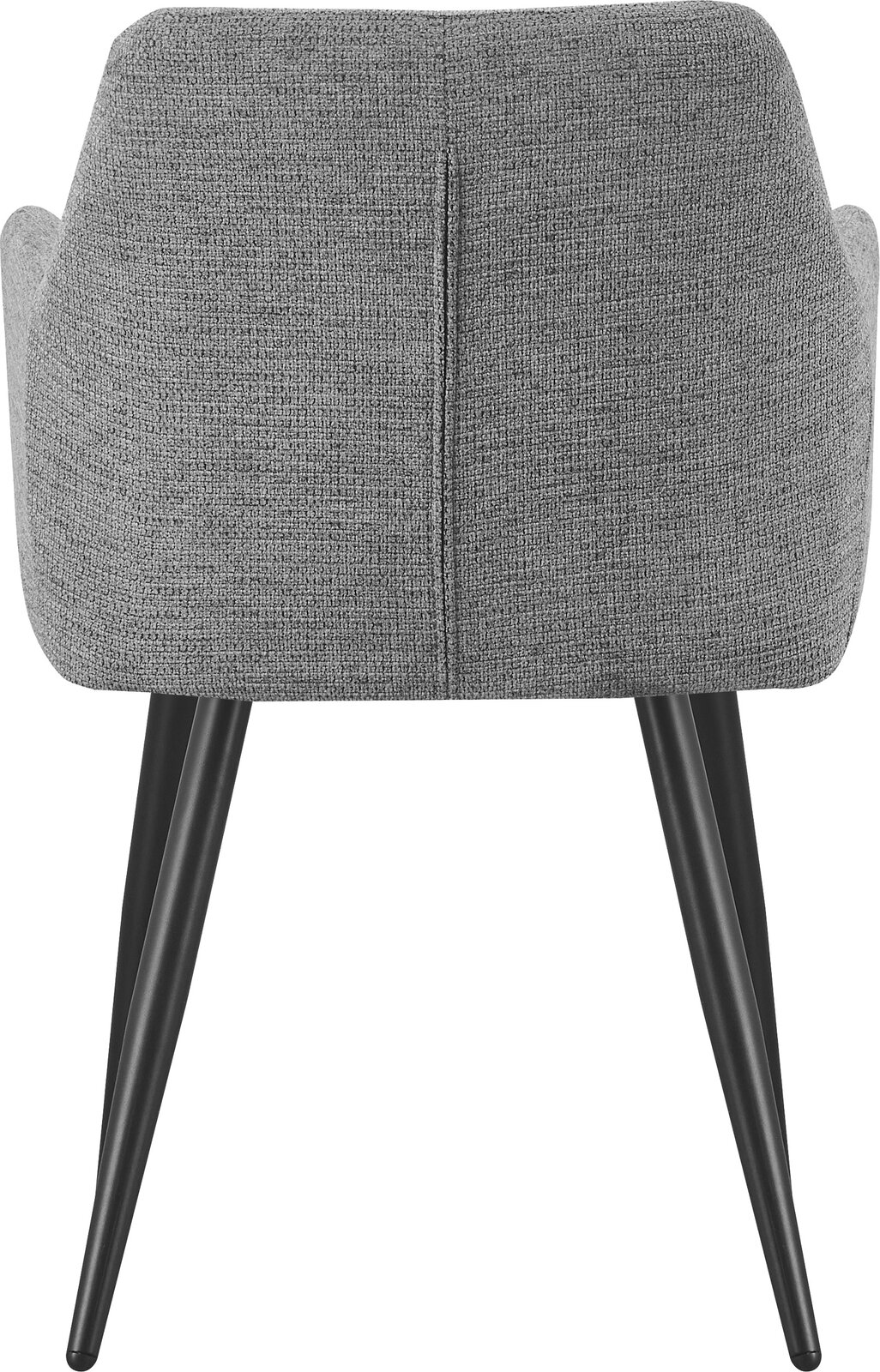 Rückansicht eines gepolsterten Stuhls mit grauem Stoffbezug, abgerundeter Rückenlehne und schwarzen, schräg stehenden Metallbeinen