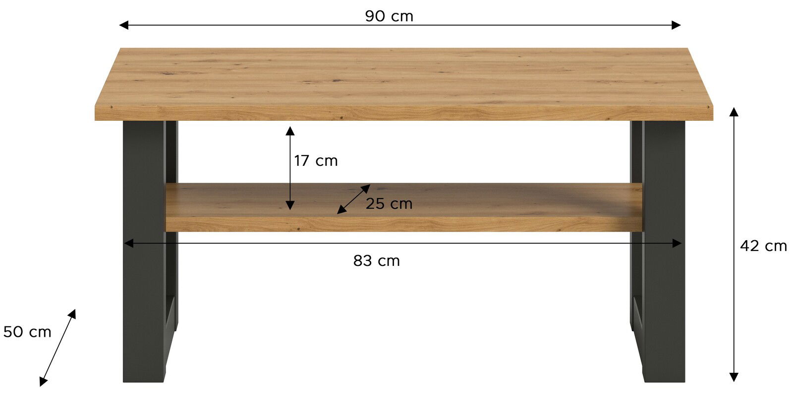 Moderner Couchtisch aus Holz mit schwarzem Gestell, frontal abgebildet. Maße: 90 cm Breite, 50 cm Tiefe, 42 cm Höhe.