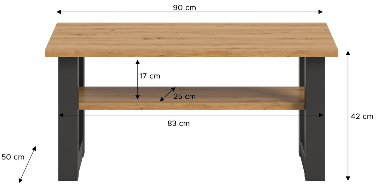 Moderner Couchtisch aus Holz mit schwarzem Gestell, frontal abgebildet. Maße: 90 cm Breite, 50 cm Tiefe, 42 cm Höhe.