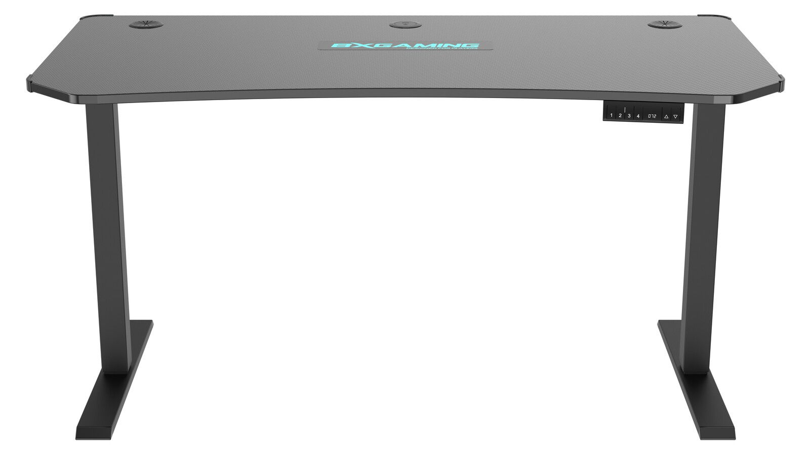 Frontalansicht eines modernen E-Gaming Tisches mit schwarzer Oberfläche und blauen Akzenten, ausgestattet mit Kabeldurchführungen und einem Bedienfeld an der Seite.