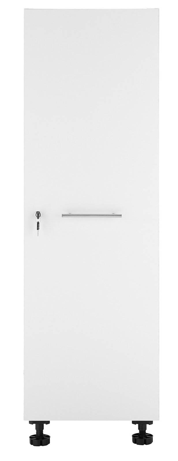 Witte huishoudkast met metalen handgreep en slot, afgebeeld van voren.