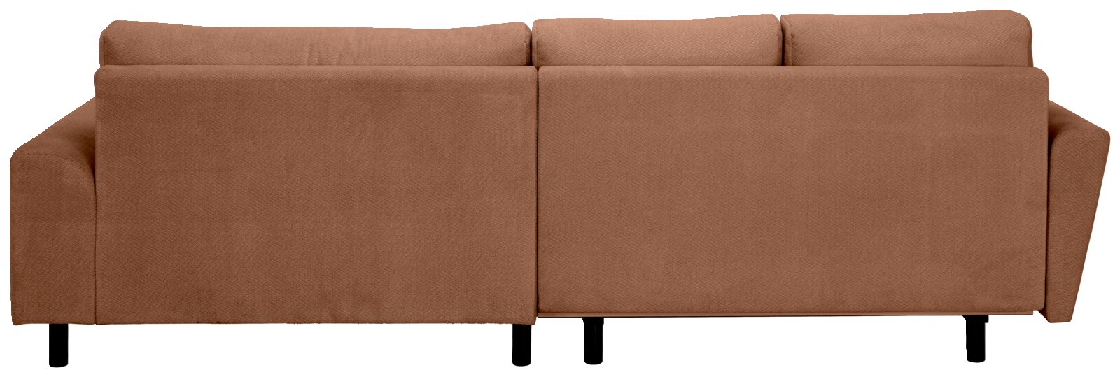 Rückansicht eines modernen 3-Sitzer-Sofas in braunem Stoffbezug mit zwei Rückenpolstern, breiten Armlehnen und schwarzen Füßen, freigestellt auf weißem Hintergrund