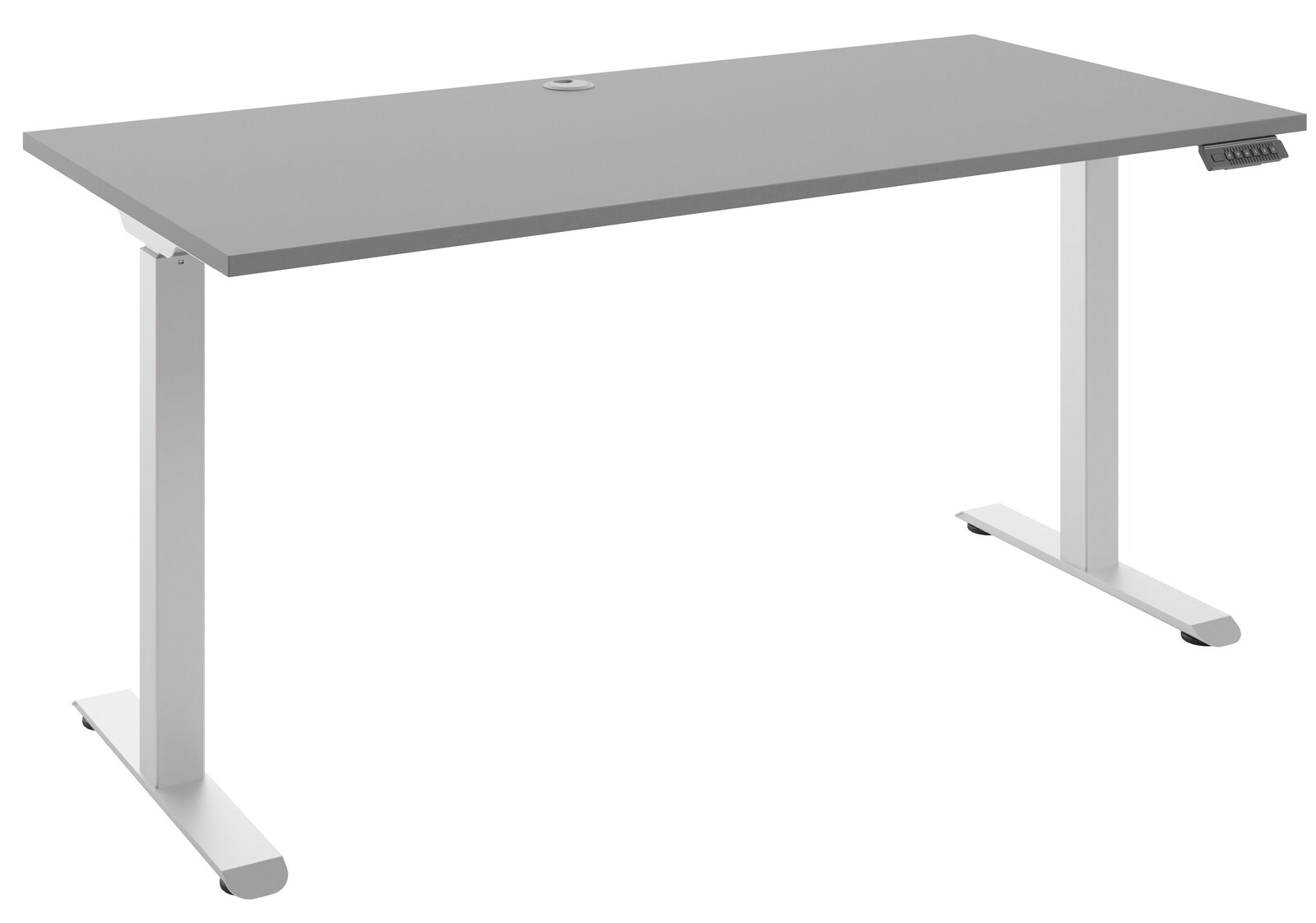 Manjana E-Schreibtisch 1-motorig OHIO Moderner E-Schreibtisch 150 in seitlicher Perspektive mit grauer Tischplatte und weißem Gestell, ausgestattet mit einer Kabeldurchführung und Bedienelementen.