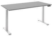 Moderner E-Schreibtisch 150 in seitlicher Perspektive mit grauer Tischplatte und weißem Gestell, ausgestattet mit einer Kabeldurchführung und Bedienelementen.