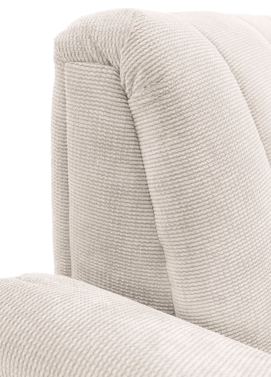 Novel 2,5er-Sitzbank LAILA Nahaufnahme einer cremefarbenen, strukturierten Polsterung einer 2,5er-Sitzbank, seitliche Perspektive.