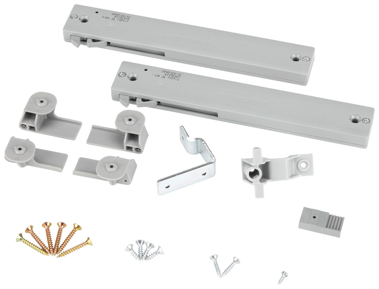 Z2 Schließdämpfer FABIO Schließdämpfer-Set in Draufsicht mit zwei Dämpfern, Befestigungselementen und Schrauben.