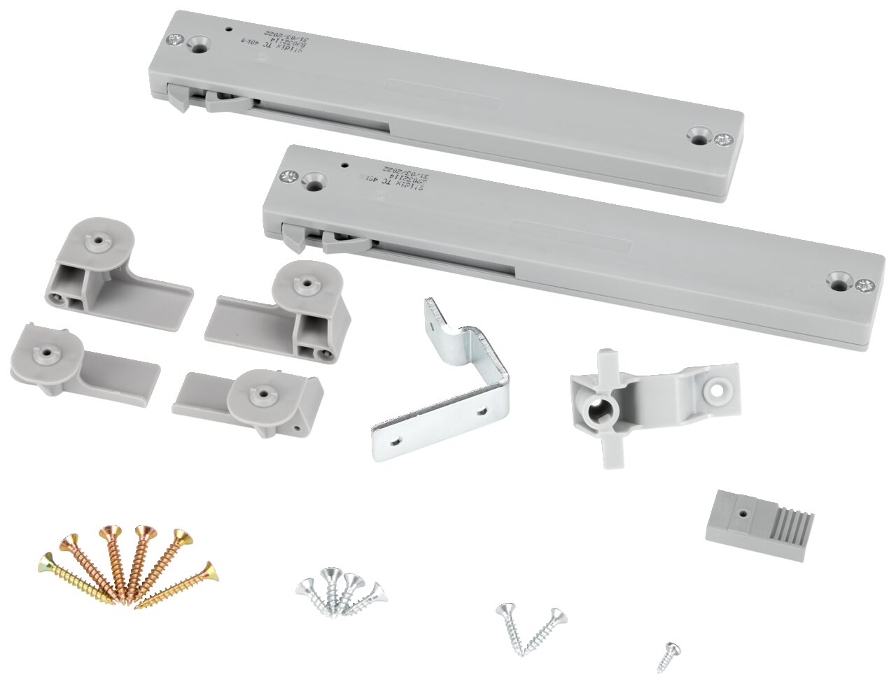 Z2 Schließdämpfer FABIO Schließdämpfer-Set in Draufsicht mit zwei Dämpfern, Befestigungselementen und Schrauben.