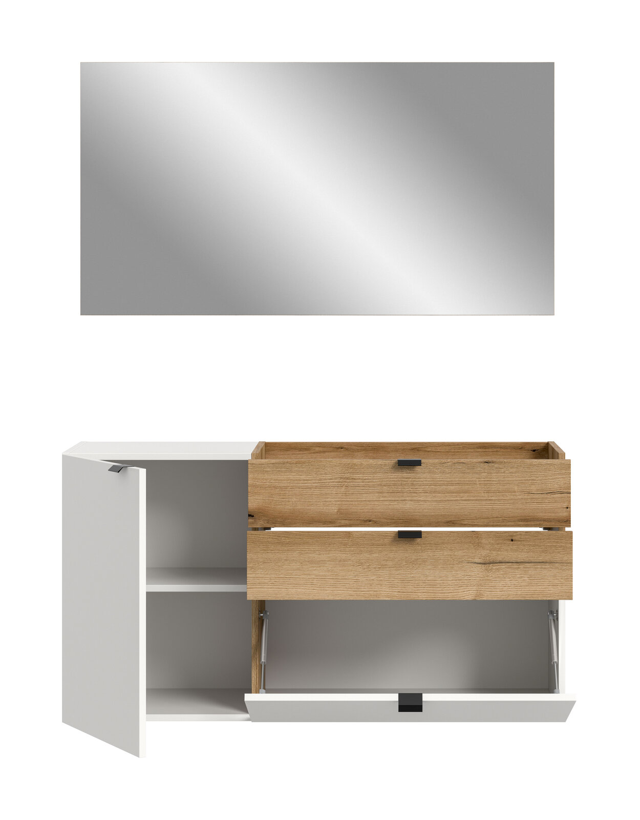 Modernes Sideboard in Weiß und Eiche-Optik mit großem Spiegel darüber; links offene Tür mit Regalfächern, rechts zwei Schubladen und unten ausgeklappte Klappe, Frontansicht leicht schräg von links.