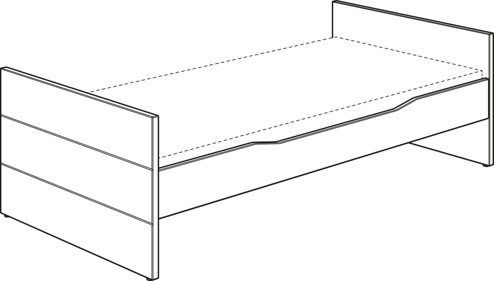 Kojenbett in seitlicher Perspektive mit erhöhtem Kopf- und Fußteil, einfache Linienführung.